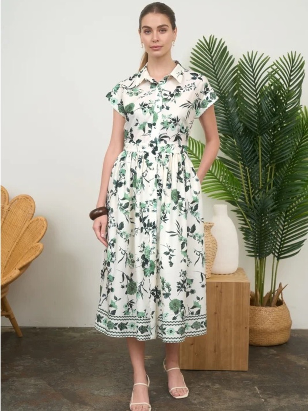 NWOT Zoe and Claire Floral Linen Button-Up Midi Dress Size S